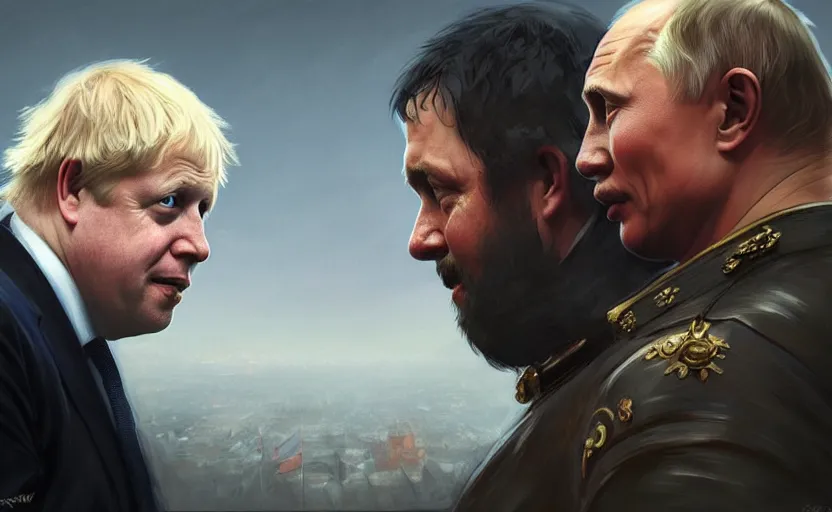 Image similar to Boris Johnson vs Vladimir Putin, face to face staring, civil war style, highly detailed, digital painting, artstation, concept art, smooth, sharp focus, illustration, cinematic lighting, art by artgerm and greg rutkowski and alphonse mucha