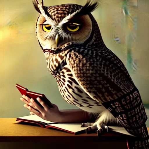 Prompt: a wise owl reviewing texts in a computer, art by greg rutkowski, intricate, elegant, highly detailed, smooth, sharp focus, artstation