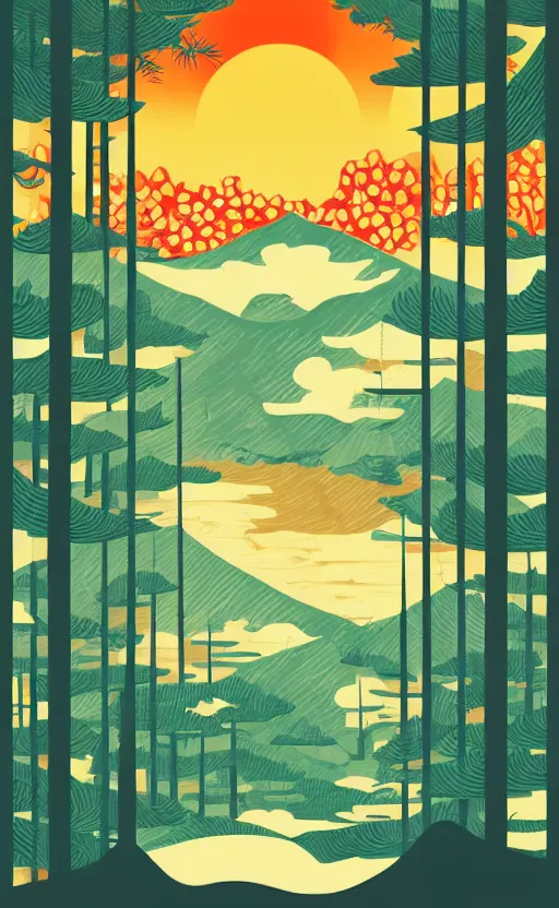 Image similar to hanafuda, a big red charm is floating above a forest of japanese pines, a big red sun in the background, original style, front game card, vector line art, trending on behance, concept art, stunning, matte