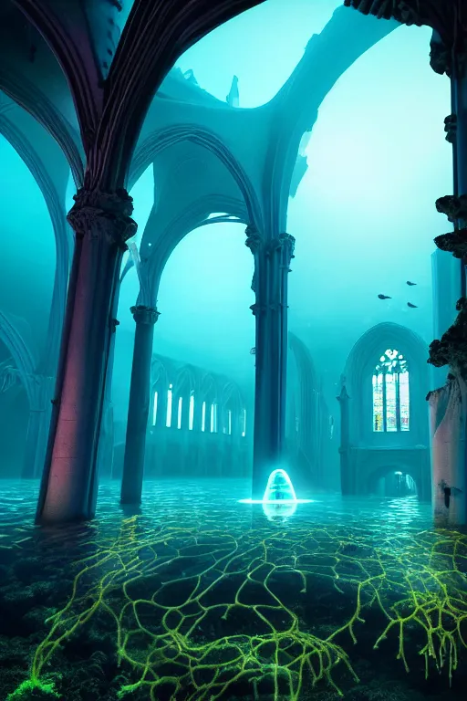 Image similar to high quality photo of cinematic underwater dystopian neo - gothic cathedral ruins with giant bioluminescent colorful aquatic plants and jellyfish, digital art masterpiece, aykut aydogdu eric zener, dramatic volumetric light, extreme long shot, ground angle uhd 8 k, sharp focus