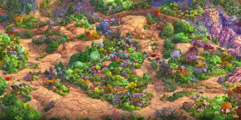 Prompt: backyard garden, in the valley of the wind. Digital art, big scale landscape. Very colorful. High angle. Canyons. Clouds. Highly detailed, artstation. In style of Sebastian Luca.