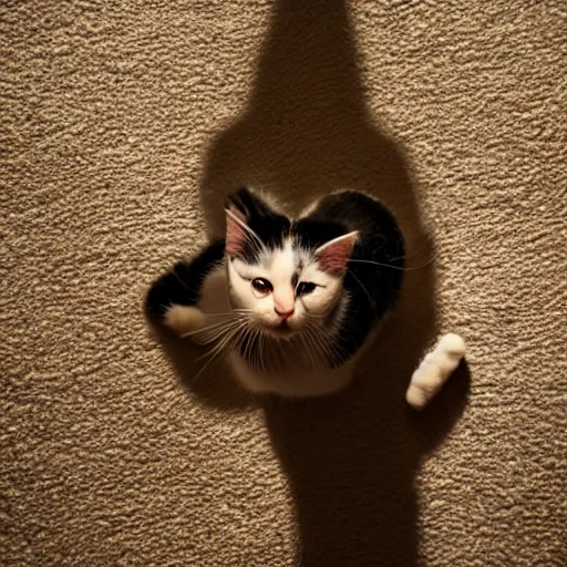 Prompt: cute cat with stumpy tiny legs, view from floor, cinematic lighting