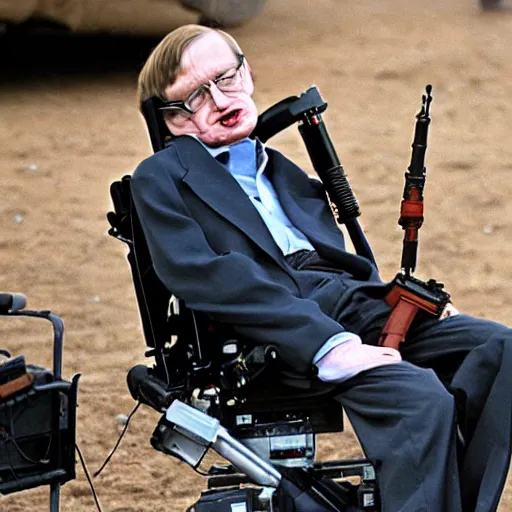 Image similar to stephen hawking with a rocket launcher blowing up terrorists