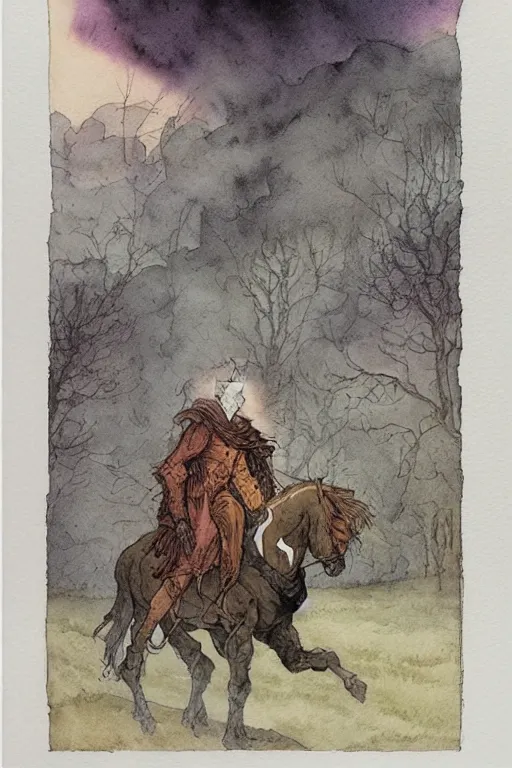 Prompt: a simple and atmospheric watercolour portrait of a the headless horseman on halloween, very muted colors, by rebecca guay, michael kaluta, charles vess and jean moebius giraud