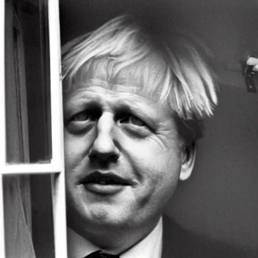 Image similar to a photo taken from the inside of an old house showing the curtains of a window being pulled back to reveal a terrifying boris johnson with his face pressed against the window, boris ’ hand placed on the window, horrifying grin. raining, thunderstorm, night time