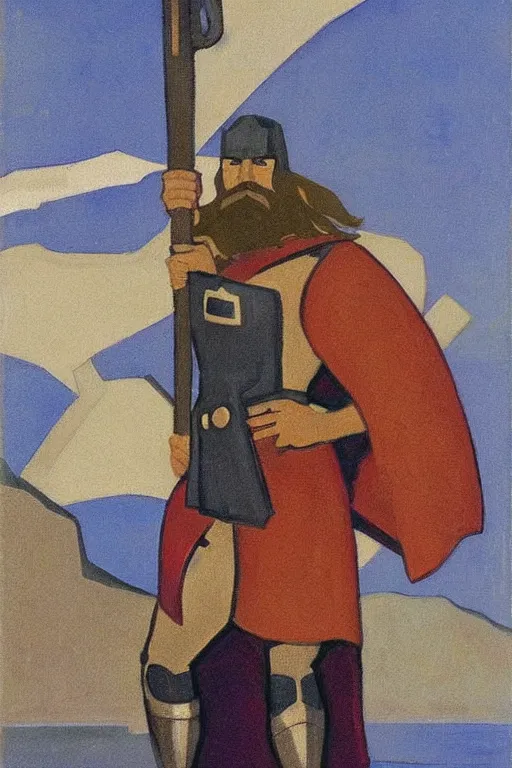 Image similar to thor with mjollnir, marvel, artwork by nicholas roerich,