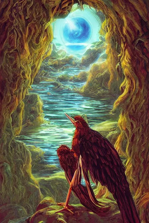 Image similar to howler shrine charm stork, art by larry elmore and tony diterlizzi, trending on artstation, atmospheric rear view epic fantasy, sacred geometry, fractalism, vaporwave, caricature