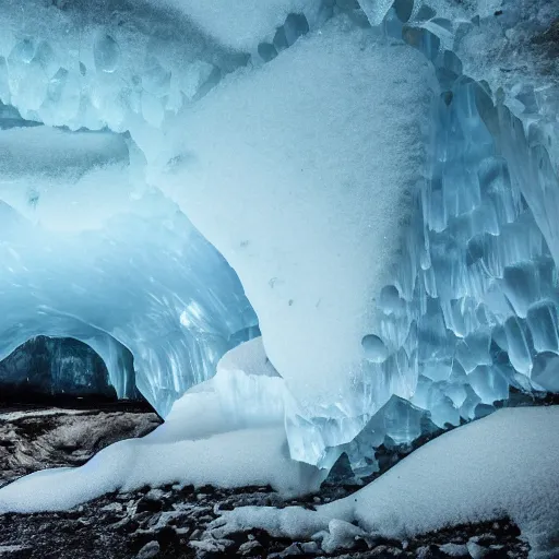 Prompt: icelandic ice caves, night, dark, surreal, creepy,