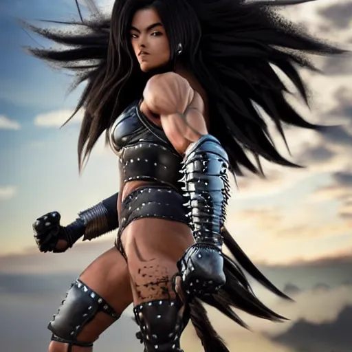 Image similar to warrior girl, muscular girl, wild spiky black saiyan hair, long spiky hair, electrified hair, wearing chrome silver armor and black spandex pants, ultra realistic, intricate details, highly detailed, subsurface scattering, photorealistic, octane render, 8 k, art by artgerm, greg rutkowski, magali villeneuve, alphonse mucha