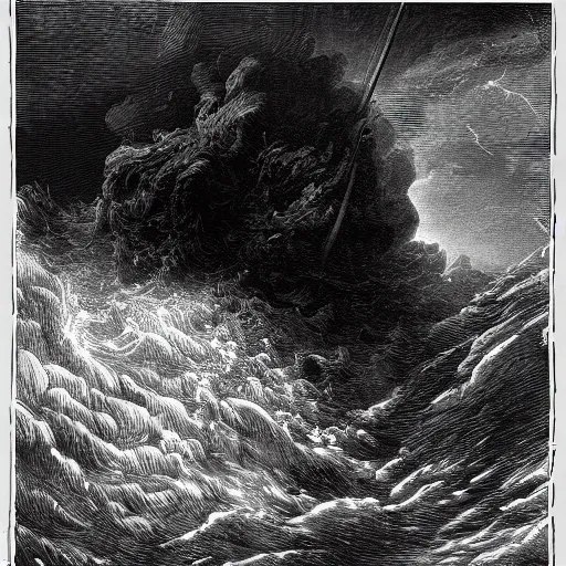 Prompt: drawing close up of large pepe the frog fighting lightning storm above a stormy ocean, by gustave dore, nineteenth century, black and white, vintage, science fiction, epic composition, dramatic lighting, highly detailed.