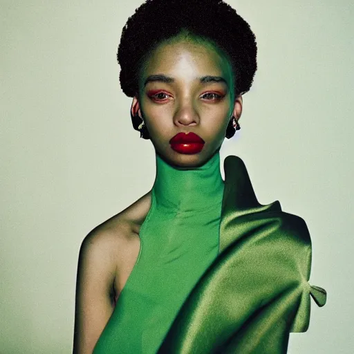 Image similar to realistic photoshoot for a new dior lookbook, color film photography, portrait of a beautiful green haired woman, in style of tyler mitchell, 35mm