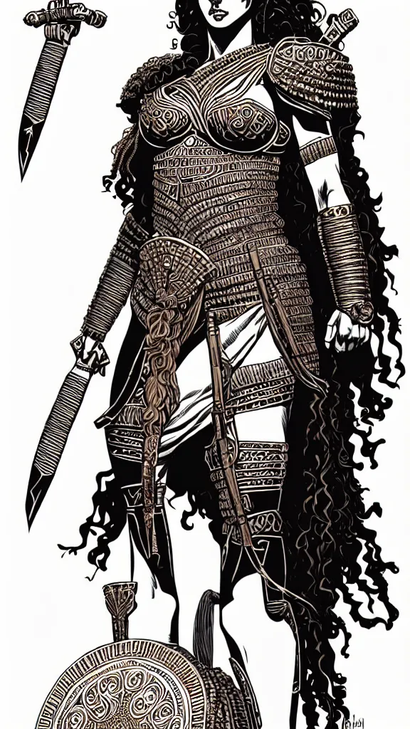 Prompt: greek amazon female warrior, a tall beautiful woman with brown skin and long curly dark hair, dressed in hellenistic body armour, intricate, elegant, highly detailed, smooth, sharp focus, detailed face, high contrast, graphic novel, art by laurie greasley