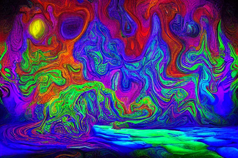 Image similar to dmt psychedelic realm landscape painting, fantasy, digital art, in the style of Robert Tinney