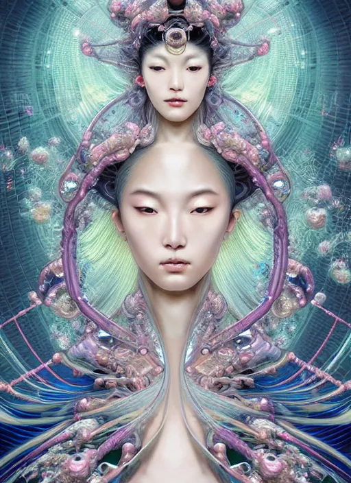 Prompt: porttait of a beautiful celestial Brazilian Japanese pearlescent multiversal Goddess wearing a futuristic luxurious Renaissance suit exposed in cryo chambers by James Jean, ethereal and mecha theme, intricate, elegant, highly detailed, centered, digital painting, lush Japanese landscape, sakura season, Kyoto inspired, artstation, concept art, smooth, sharp focus, illustration, by Peter Mohrbacher, WLOP, close-up, feminine slim figure, fancy