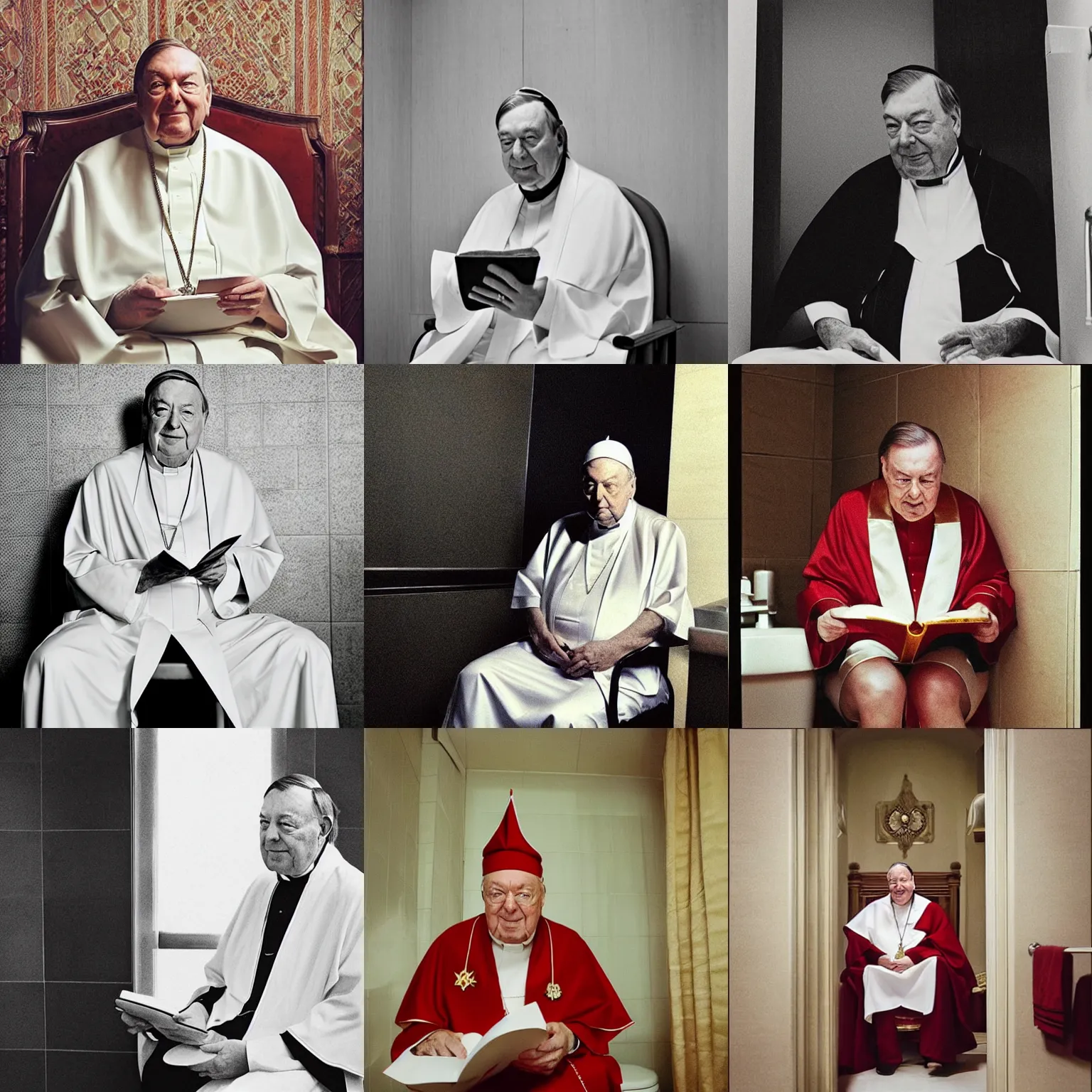 Prompt: “ portrait of cardinal george pell, in robes, sitting on the toilet, reading playgirl magazine ”