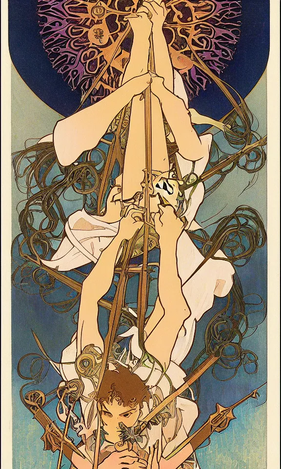 Prompt: Extremely beautiful tarot card, by Alphonse Mucha, Hayao Miyazaki, Studio Ghibli, anime, manga. 3 swords. The Three of Swords shows a heart pierced by three swords. Dark clouds gathering in the background. Heartbreak, emotional pain, sorrow, grief, hurt, Negative self-talk, releasing pain, optimism, forgiveness