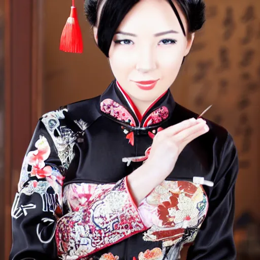 Image similar to chinese woman with eyepatch, odango, twin ponytails, black cheongsam