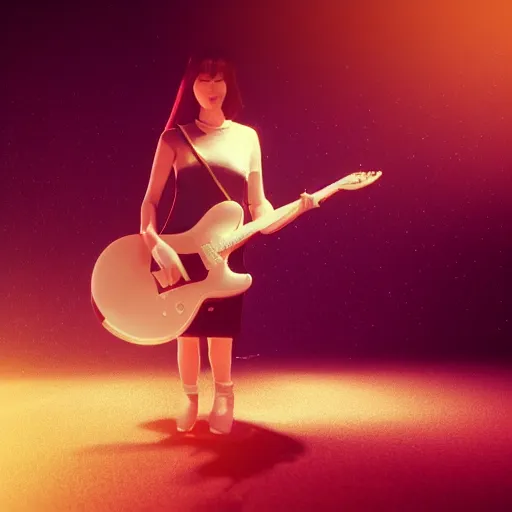 Prompt: women playing guitar, television sets in the background, artstation, details, volumetric light, futuristic, pastel