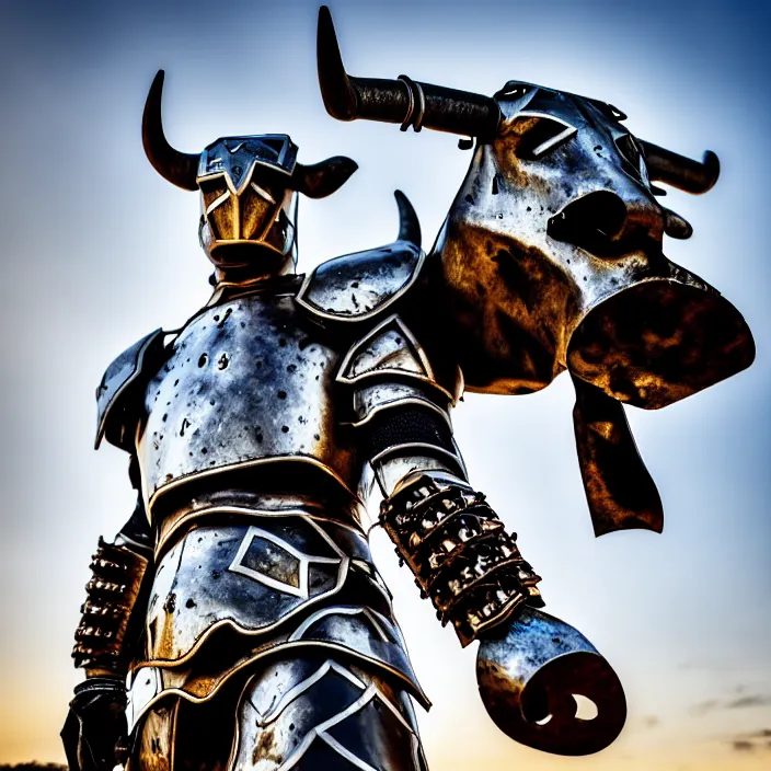 Image similar to photo of a warrior with metal cow themed armour, highly detailed, 4 k, hdr, smooth, sharp focus, high resolution, award - winning photo