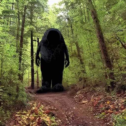 Image similar to giant scary horror creature emerges from the darkest shadows, trail cam footage