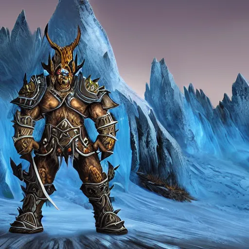 Image similar to world of warcraft orc warrior viewed from the back in spiky epic full plate armor standing in front of a vast icy land and dark icy mounatins in the background, extreely detailed, wow, cinematic, unreal engine 5, artistic, movie poster, world of warcraft cinematics style, only dark contrasting colours, colours ranging of blue white and black