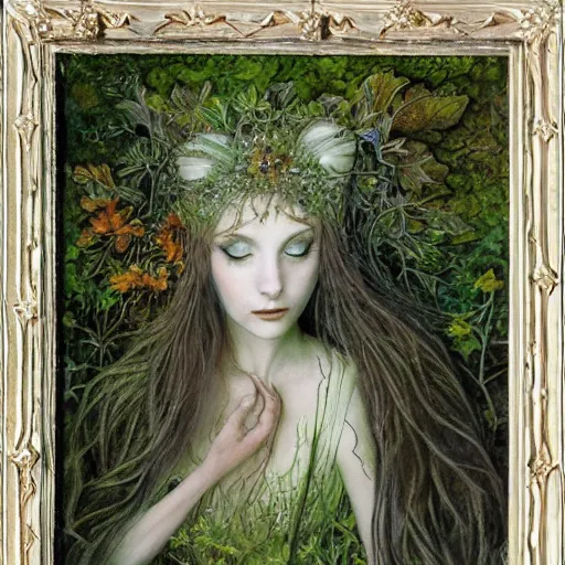 Image similar to fey queen of the summer forest, dress of leaves, fine features, thin, young, silver shimmering hair, by brian froud, dusk scene, night colors, oil on canvas, oil panting