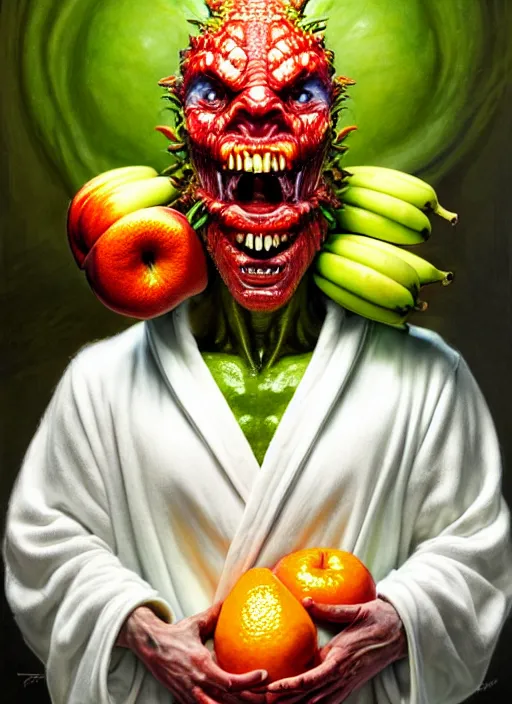 Prompt: an monster man in a white robe, green skin, covered in fruit, apples, oranges, bananas, intricate, highly detailed, concept art, hyperrealistic, oil painting by greg staples and tristan eaton, 8 k