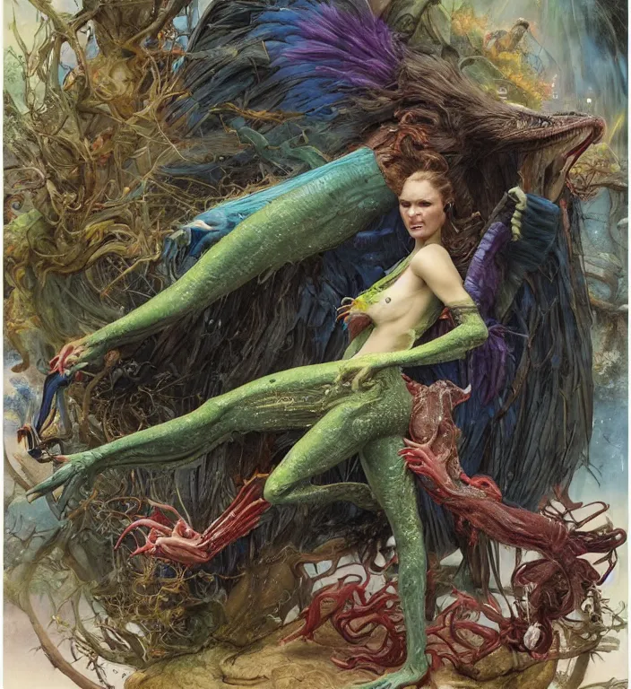 Image similar to a portrait photograph of julia stiles as a colorful harpy super hero with mutated slimy wet skin. she is trying on a amphibian creature suit and transforming into a feathered alien beast. by tom bagshaw, donato giancola, hans holbein, walton ford, gaston bussiere, peter mohrbacher and brian froud. 8 k, cgsociety