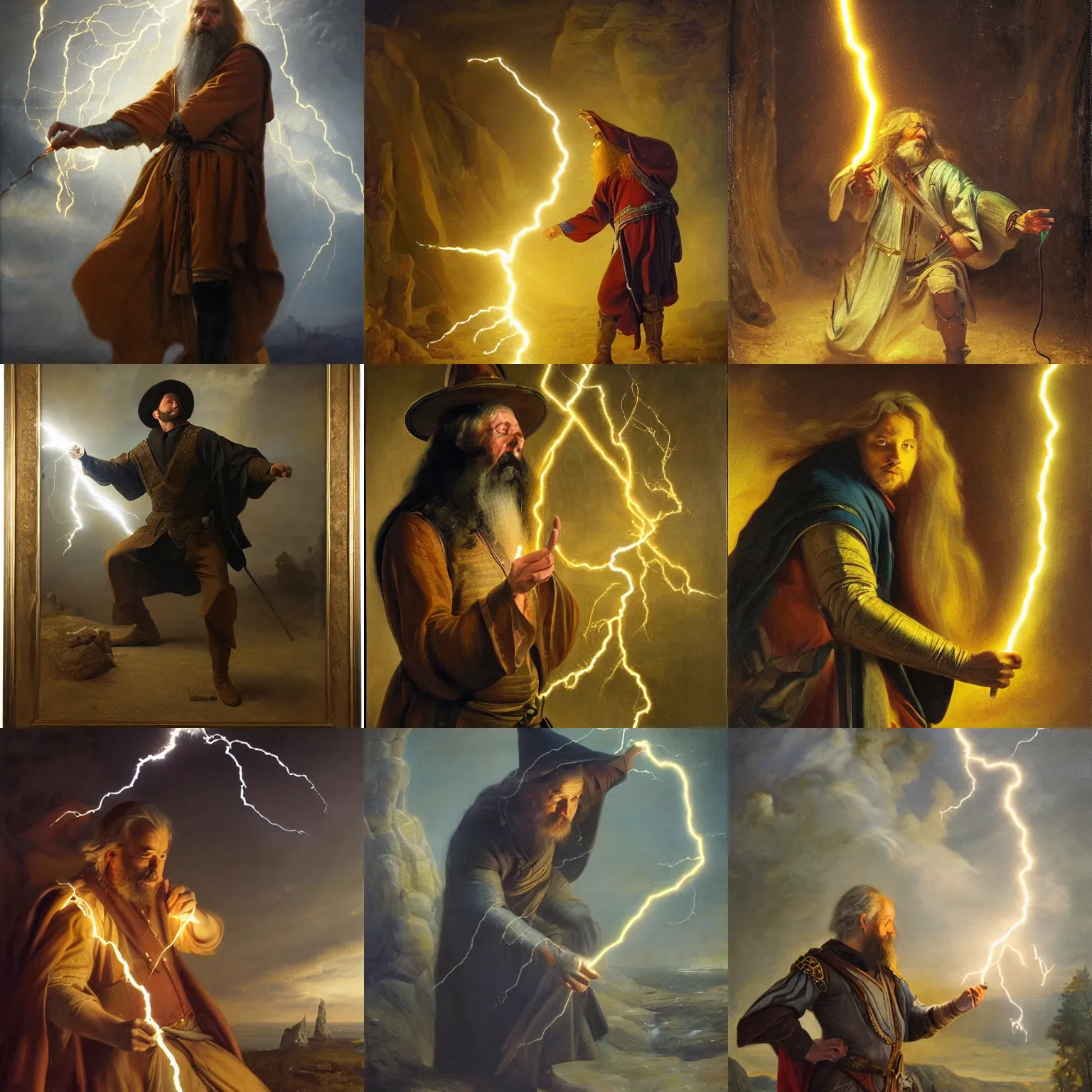 Prompt: portrait of a wizard casting a lightning bolt by Nasreddine Dinet and Theodore Ralli and Jean Discart and Anders Zorn, masterful intricate artwork. Oil on canvas, excellent lighting, high detail 8k