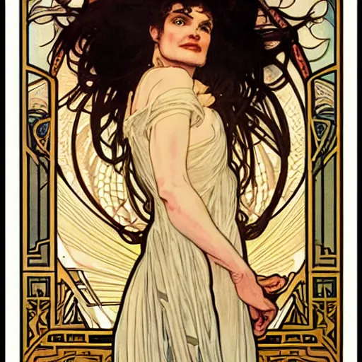 Prompt: Rachel Weisz from the movie The Mummy, illustration by Alphonse Mucha