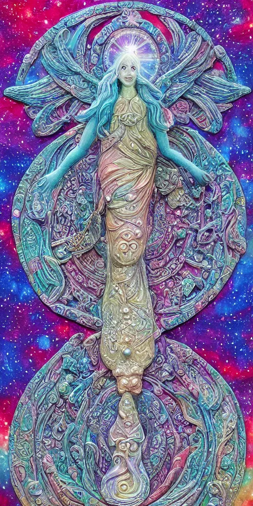 Prompt: intricate colourfully painted carved Soapstone relief paneling, iridescent, pearl and pale blue toned, celestial, cosmos, galaxies, planets, divinity, moon goddess, mother earth, Earth Goddess mythology, Gaia, angels, dream atmosphere, bright colors, vivid colors, Ghostly, crystaline celtic, insanly detailed , artstation, wallpaper, hyper realistic, realistic lighting