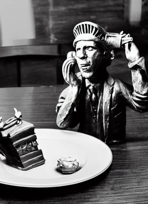 Image similar to Tom Waits eating a miniature Statue of Liberty on a plate in a restaurant, color photograph portrait 4k