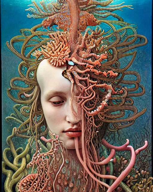 Image similar to realistic detailed underwater portrait of the beutiful young goddess of the fish of the three times with an intricate headdress of corals, sea kelp, sea plants, fish, jellyfish, art by ernst haeckel, zdzisław beksinski, gothic, neo - gothic, ornamental,