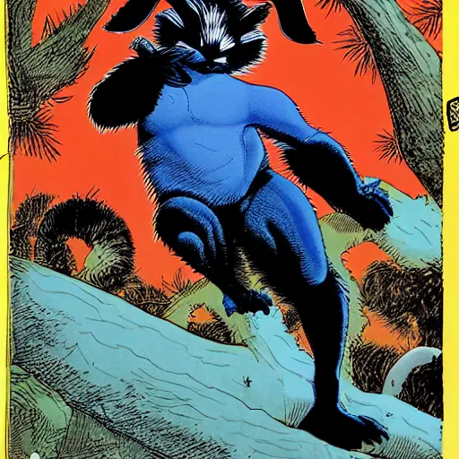 Image similar to a skunk that is blue by richard corben style