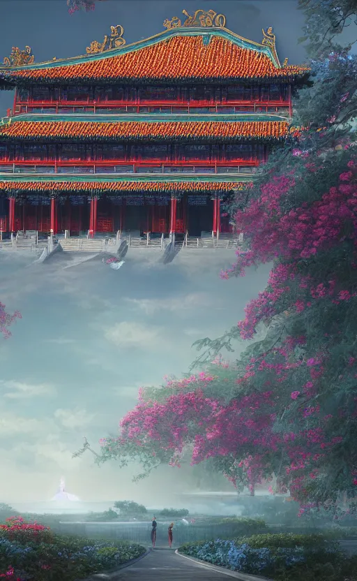 Image similar to vanishing point, palace covered with aqua blue roses like the forbidden city in distance at the red rose royal manor, viewed from afar, stephen bliss, misty, unreal engine, fantasy art by greg rutkowski, loish, ferdinand knab, and lois van rossdraws,, global illumination, radiant light, minimalist, detailed and intricate environment