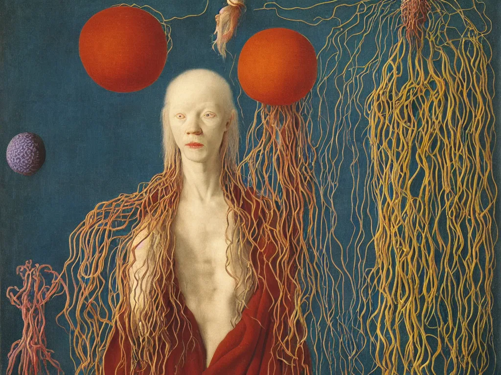 Image similar to Portrait of albino mystic with blue eyes, with exotic beautiful medusae, jellyfish. Painting by Jan van Eyck, Audubon, Rene Magritte, Agnes Pelton, Max Ernst, Walton Ford