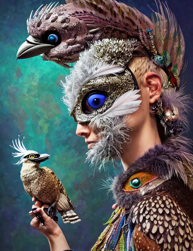 Image similar to 3 d goddess wide angle portrait with feathers, fur, and bones. beautiful intricately detailed kookaburra mask and retrowave sorceress outfit. lizard scales, reflective chitin, optical mineralogy, songlines, plasma, creature, artwork by tooth wu and android jones wlop and android jones and beeple and greg rutkowski