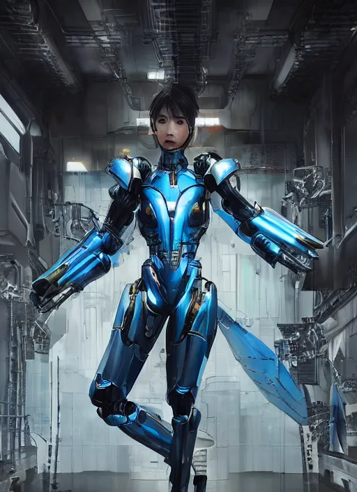 Image similar to a young attractive Asian woman wearing mecha armor inside a sci-fi hangar, dramatic pose, chrome, blue LEDs, wires and cables, highly detailed, photorealistic, volumetric lighting, digital art, octane render, in the style of Artgerm and Tom Bagshaw