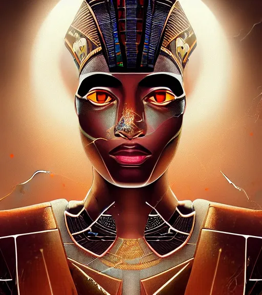 Image similar to symmetry!! egyptian god of technology, solid cube of light, hard edges, product render retro - futuristic poster scifi, lasers and neon circuits, beautiful brown skin god egyptian god, intricate, elegant, highly detailed, digital painting, artstation, concept art, smooth, sharp focus, illustration, dreamlike, art by artgerm