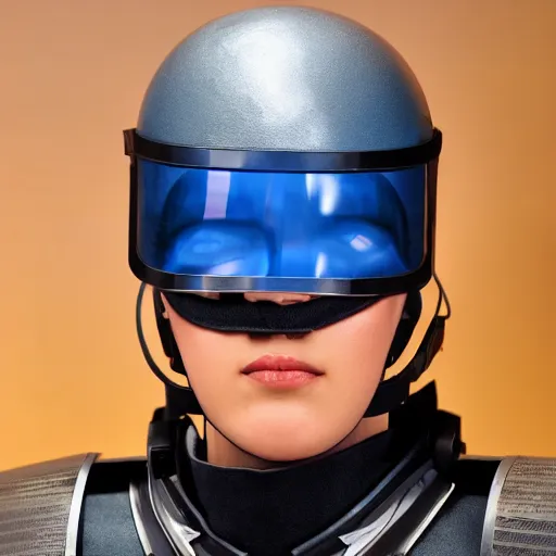 Image similar to a futuristic soldier captain with a metal visor and a blue shoulderpad in anime style