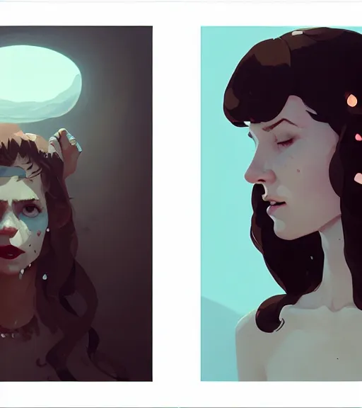 Image similar to portrait of a woman raised on the island face tatooes by atey ghailan, by greg rutkowski, by greg tocchini, by james gilleard, by joe fenton, by kaethe butcher, dynamic lighting, gradient light blue, brown, blonde cream and white color scheme, grunge aesthetic