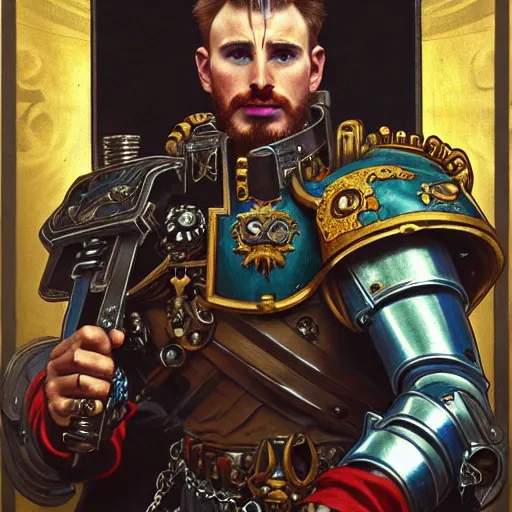 Prompt: full portrait of warhammer 4 0 k chris evans, fantasy, d & d, intricate, detailed, by by alphonse mucha, adolfo hohenstein, alice russell glenny, stanley artgerm lau, greg rutkowski, detailed, trending on artstation, trending on artstation, smooth