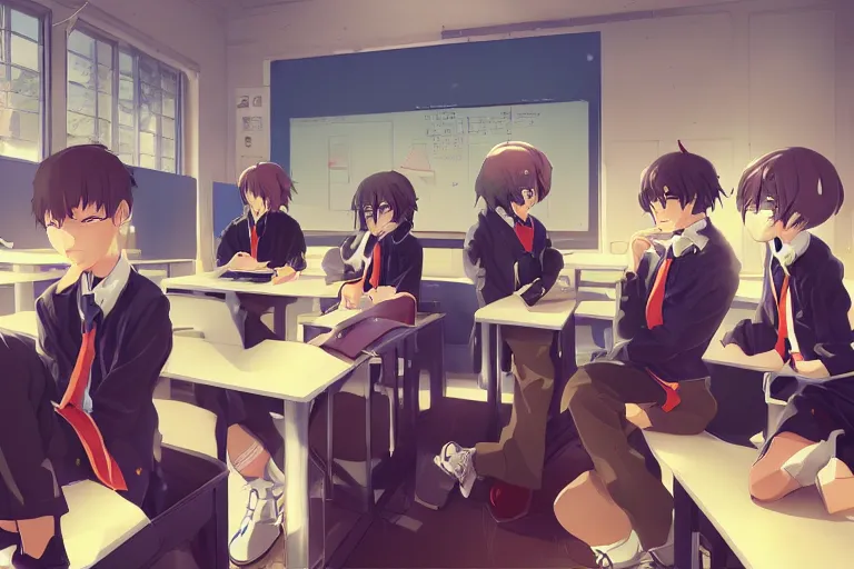 boy's love anime modern high school classroom in, Stable Diffusion