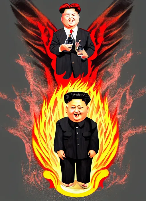 Prompt: kim jong - un with a bottle of vodka on an icon with a halo of fire, scary infernal art in color