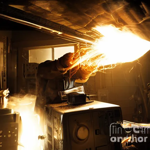 Image similar to cyborg toaster oven repairman, dark messy smoke - filled cluttered workshop, dark, dramatic lighting, orange tint, sparks, plasma rays, cinematic, highly detailed, sci - fi, futuristic, movie still