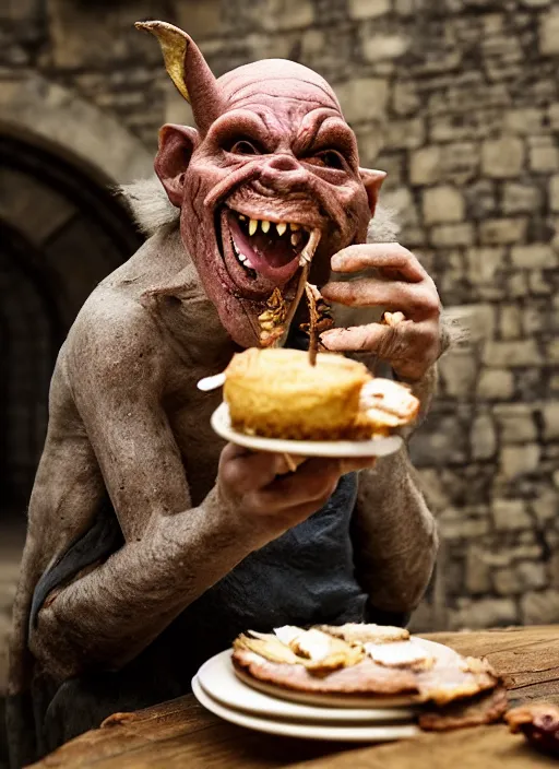 Image similar to closeup portrait of a medieval goblin eating cakes in the cloisters, depth of field, zeiss lens, detailed, symmetrical, centered, fashion photoshoot, by Annie Leibovitz and Steve McCurry, David Lazar, Jimmy Nelsson, Breathtaking, 8k resolution, extremely detailed, beautiful, establishing shot, artistic, hyperrealistic, beautiful face, octane render