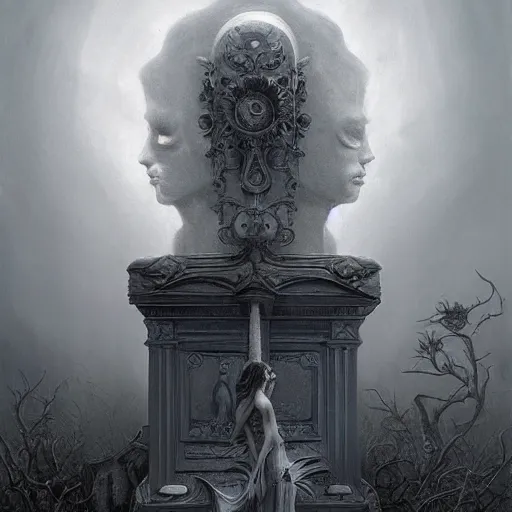 Prompt: By Tom Bagshaw and Boris Vallejo, ultra realist soft painting of a cemetery by night, centered fading Muerte fully dressed, horror, omnious sky, symmetry accurate features, very intricate details, black and white, volumetric light clouds