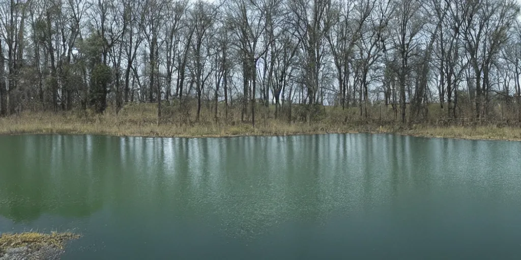 Image similar to photo field with Lake with black water in center reality