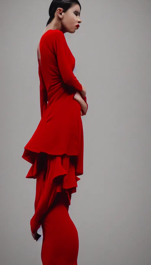 Image similar to fashion model wearing red dress, zara, insane, intricate, highly detailled, sharp focus 8k