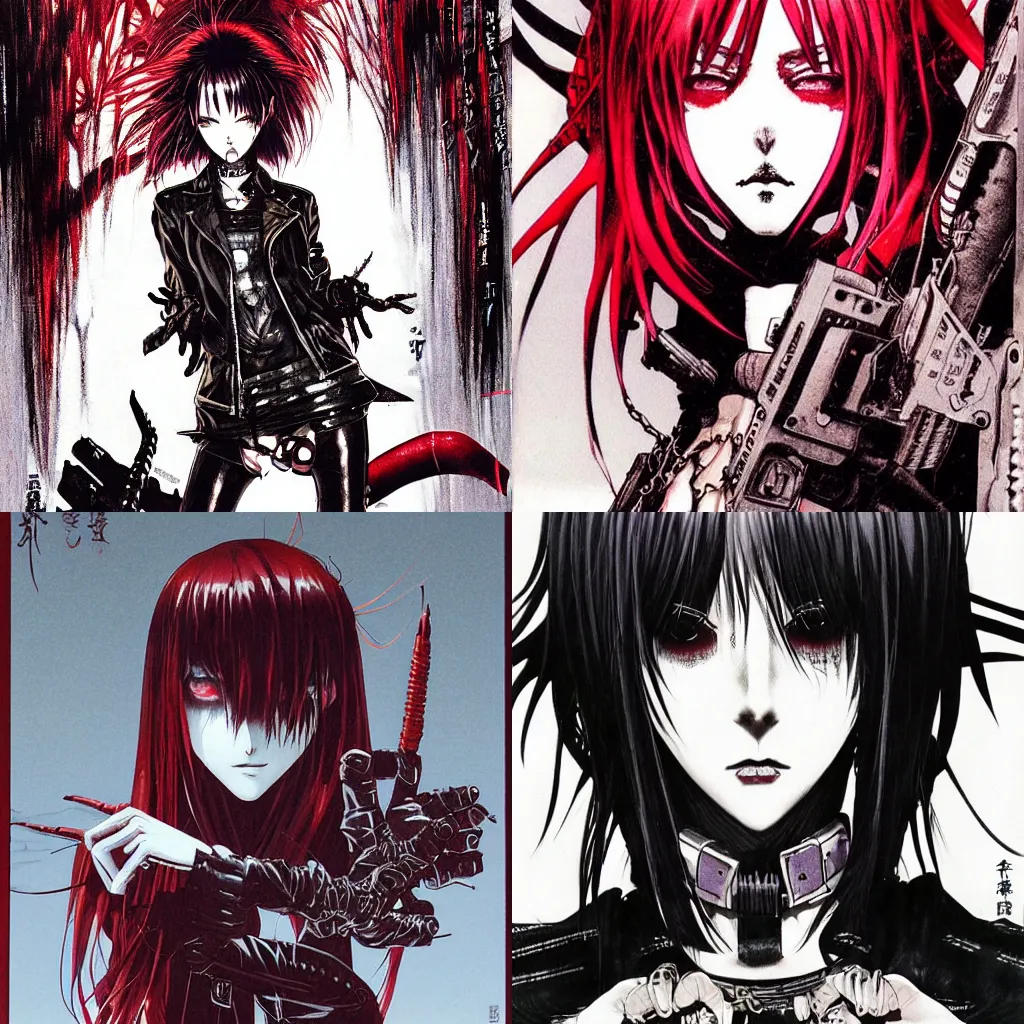 Prompt: highly detailed coherent professional 9 0 s seinen manga cover art of badass goth woman with red hair, leather clothes, black makeup. chunibyo. horror cyberpunk action manga cover promotional art. detailed and intricate environment. pencils by ilya kuvshinov and painted by zdzislaw beksinski, inked by tsutomu nihei